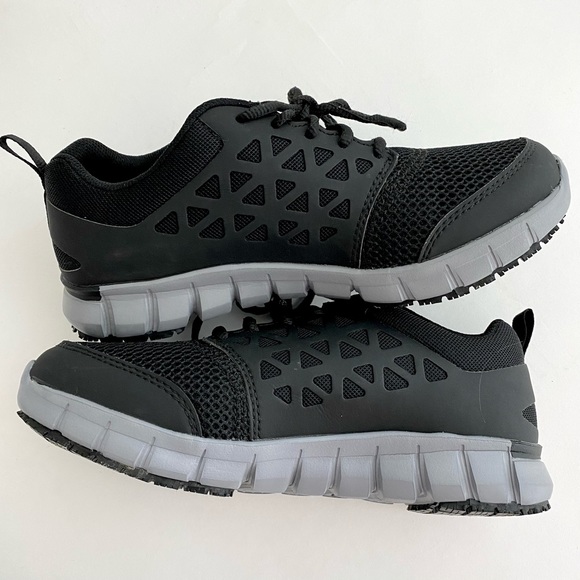 REEBOK WOMENS WORK SHOES SLIP AND OIL RESISTANT BLACK MEMORY TECH VEGAN - Picture 7 of 13